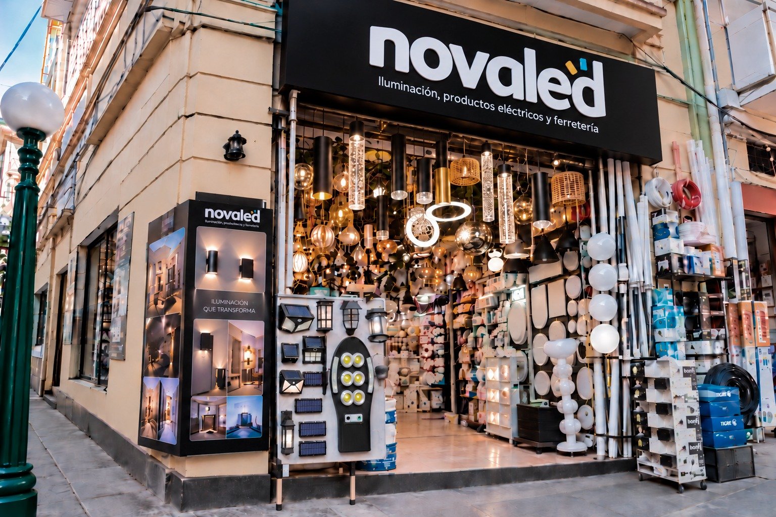 Fachada de Novaled con exhibición de lámparas y productos eléctricos
