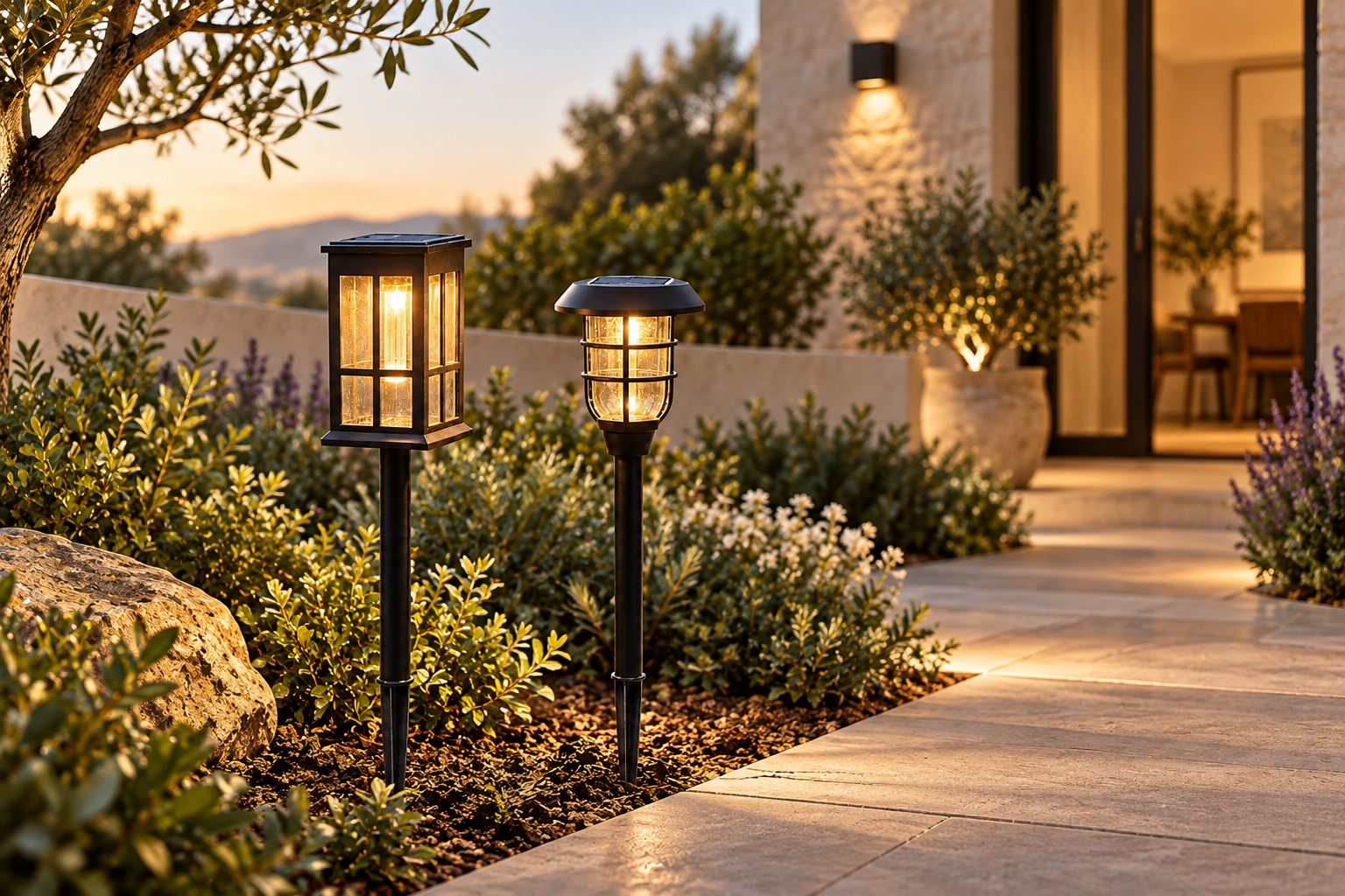 Faroles solares iluminando un jardín