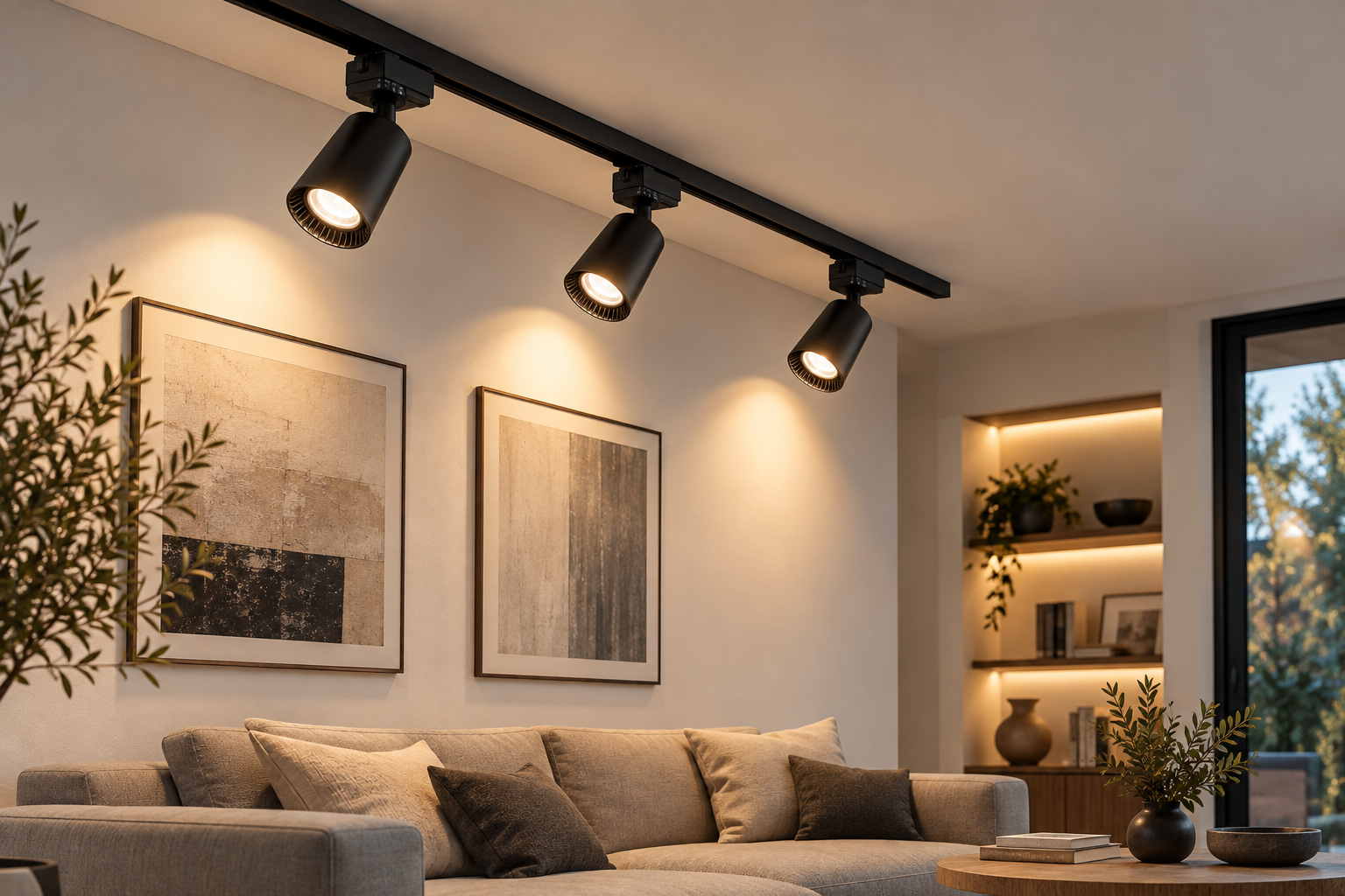 Iluminación LED con focos para riel en una sala