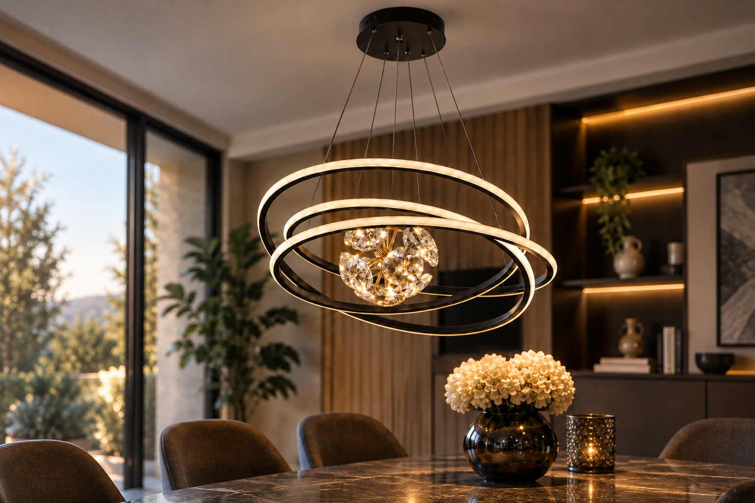 Lámpara de aros LED iluminando un comedor